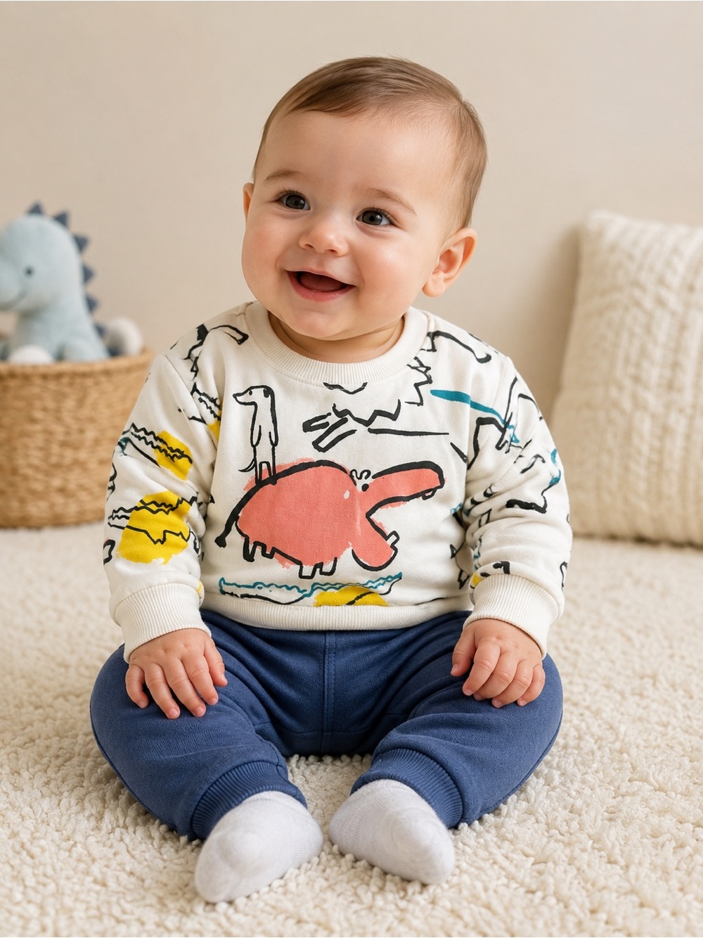 ZARA Baby Boy 6-9M 2-Piece Dinosaur Graphic Sweatshirt & Jogger Pants Outfit